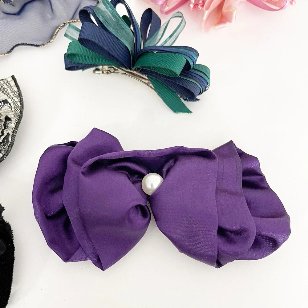 Lot of 8 Vintage Bow Barrettes Chiffon Pearl 80s 90s Victorian Cottagecore Fairy